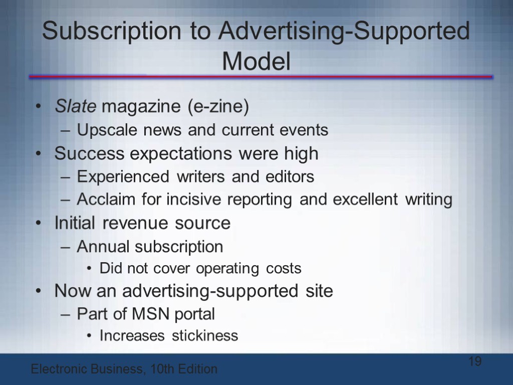 Subscription to Advertising-Supported Model Slate magazine (e-zine) Upscale news and current events Success expectations